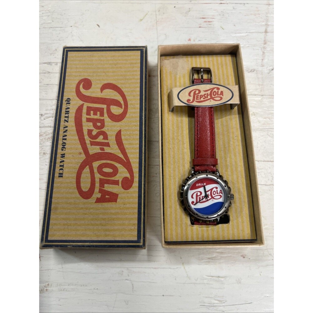 Vintage Pepsi Cola Bottle Cap Logo Watch NIB Leather Strap Analog Red White Blue